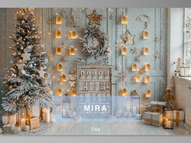 7166 - Parete elegante azzurra con armadio regali con numeri simile calendario avvento Natale