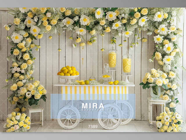 7389 - Parete elegante con carrello della limonata e fiori, bianco e giallo